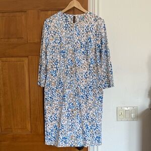 J. McLaughlin Blue and Cream Printed Long-Sleeve Shift Dress